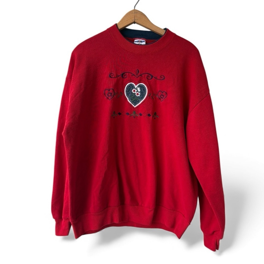 Vintage 90s Jerzees USA Red Floral Heart Embroidered Crewneck Sweatshirt XL